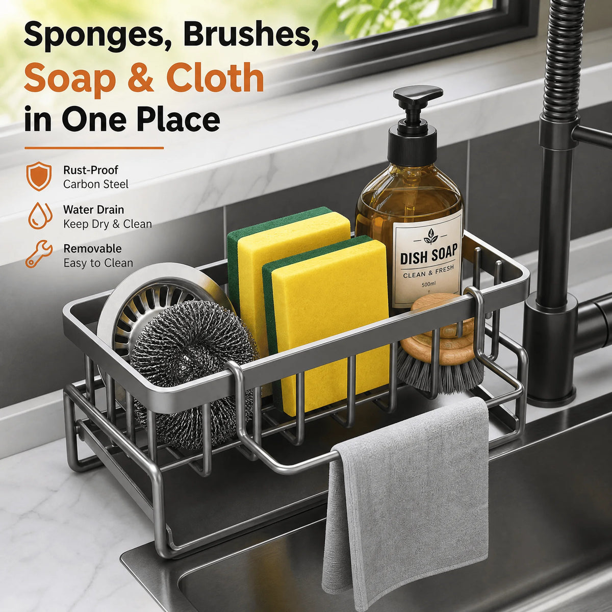 Carbon Steel Sink Caddy Organizer with Drain Tray