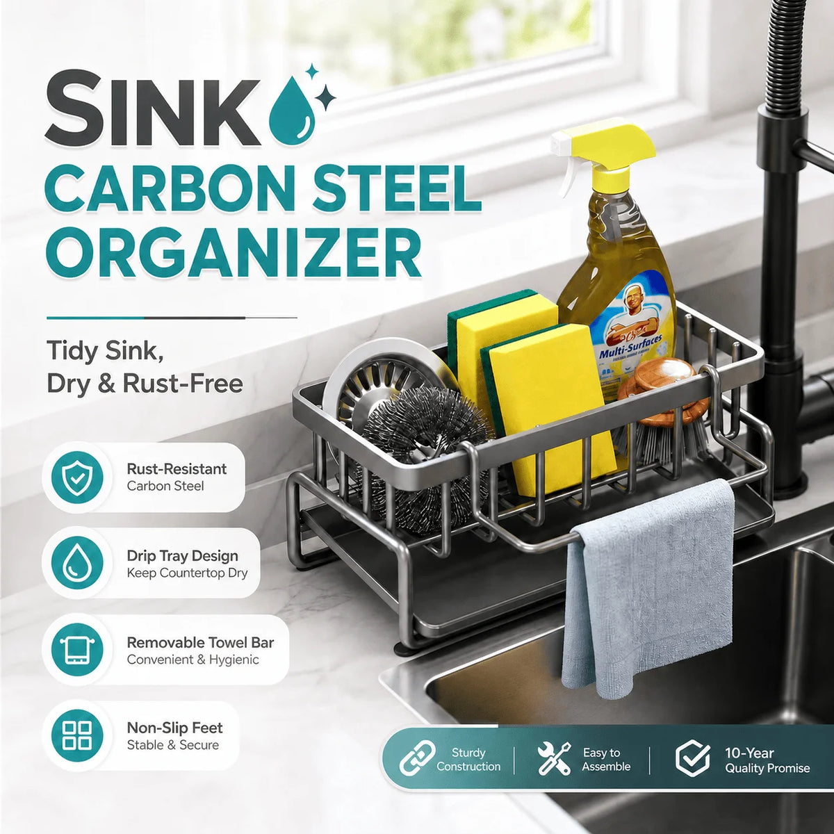 Carbon Steel Sink Caddy Organizer with Drain Tray