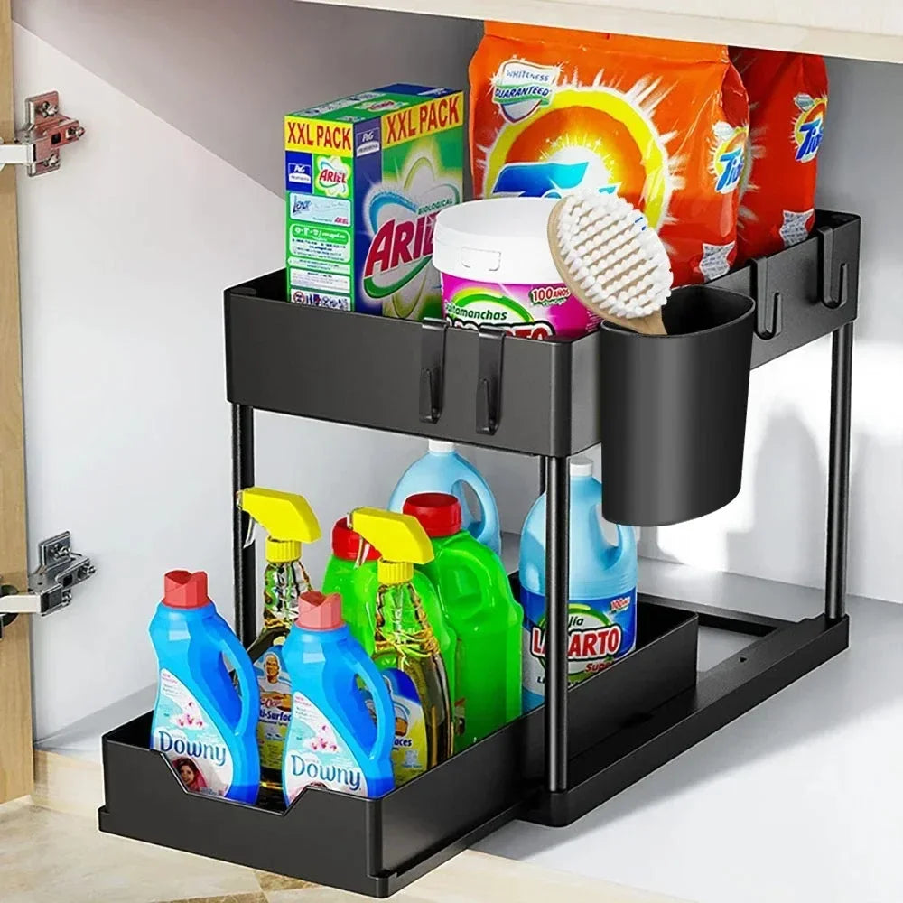 Black- Color 2-Tier Under Sink Organizer with Sliding Storage Baskets
